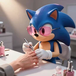 Sonic the Hedgehog at a nail salon getting his nails done; rose tinted glasses