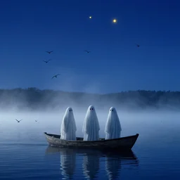 ghosts on boat on the middle of lake, fog, sunrise, birds, night sky, yellow stars, deep blue mood, by stanley kubrick