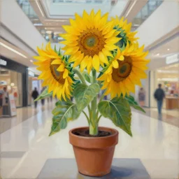 a sunflower in a pot in a mall by peter elson, oil on canvas
