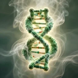 8 k uhd houdini recursive dna structure, background radiant swirling smoke wisps, greens and cream palette, volumetric lighting, 1 8 mm lens