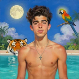 painting portrait of a ( ( ( una tequila ) ) ), ( ( guapo joven zayn malik macho with a tiger head poolside ) ), nubes y magia, la luna, parrot, concept character, by greg rutowski and tezuka and oi and mucha and bierstadt and remington, trending on artstation