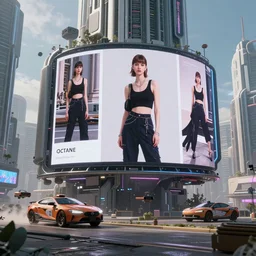 A dystopian city from the year 2400, large billboards, flying cars, Fashion Photography, Concept Art, Octane, Redshift, High Detail