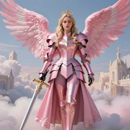 gorgeous!! hyper - realistic woman resembling emilia clarke as a princess wearing ornate pink knight armor, angel wings, angemon l holding a long sword | divine, elegant, ethereal, heavenly, clouds, holy city | illustration, intricate, high detail, ultra graphics | drawn by wlop, drawn by jeehyung lee, drawn by artgerm