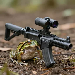 photo of a rare frog equipped with m 2 4 9 machine gun and night vision target acquisition system