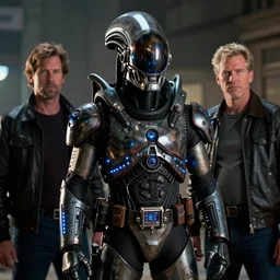 movie still, 1 9 8 0 s, harrison ford as armored alien hunter, hyperdetailed, by ridley scott and john carpenter, blue leds