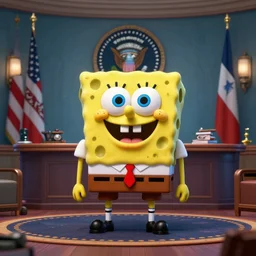 spongebob in the oval office as president of the united states, volumetric lighting, 8 k octane beautifully detailed render, post - processing, extremely hyper - detailed, intricate, epic composition, cinematic lighting, masterpiece, trending on artstation, detailed detailed detailed, masterpiece, stunning art by anders zorn, wonderful masterpiece by greg rutkowski, beautiful cinematic light,