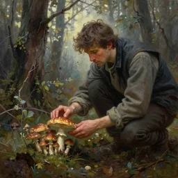 steve buscemi collecting mushrooms. gouache fairytale art, russian romanticism, muted palette, backlighting, depth of field