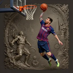 Messi dunking on Ronaldo in basketball, D&D, fantasy, intricate, elegant, highly detailed, digital painting, artstation, concept art, matte, sharp focus, illustration
