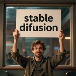 a man holding up a sign that says stable diffusion, photograph, cinematic lighting, movie frame