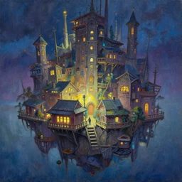 lost in a floating town. oil painting by award - winning mangaka. backlighting, chiaroscuro, intricate details, depth of field, luminescent colors.
