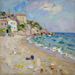 palette knife painting of a thick impasto oil painting of a beautiful italian beach scene, seen through complex globular texture, lots of thick encrusted paint, vast amounts of wax - like lines of dripping oil paint cover nearly everything, painted by monet signac and frank auerbach, background thick encrusted paint