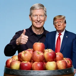 color studio photo of tim cook from apple in a barrel of apples with donald trump giving a thumbs up