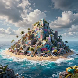 an ominous cinematic shot of a plastic beach island waves caustics cumulo volumetric dynamic fluid simulation lighting impressive colorful masterpiece graffiti hyper perspective textured detailed intricate sharp focus 8 k octane render nvidia raytracing demo realistic illustration canon eos r 3 fujifilm x - t 3 0 sony alpha, by james gurney tooth wu artgerm