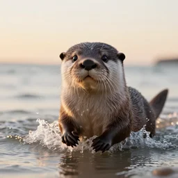 a closeup photorealistic photograph of a cute otter - cat hybrid splashing in the surf during sunset. professional capture, well lit shot. this 4 k hd image is trending on artstation, featured on behance, well - rendered, extra crisp, features intricate detail, epic composition and the style of unreal engine.