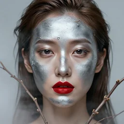portrait of a woman, close - up, metal on face, precious metals on skin, high sharpness, zeiss lens, fashion photo shoot, dry branches, brown hair, red lipstick, in fog, edward buba, annie leibovitz, paolo roversi, david lazar, jimmy nelsson, eiko hosoe, artistic, hyper - realistic, beautiful face, octane rendering