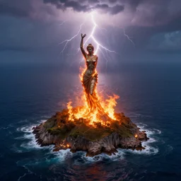 aerial photograph of an island, in the shape of female, the ocean is on fire, atmospheric lightning, godray, unreal engine, trending artstation, 8 k high details