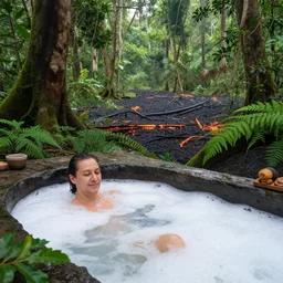 pristine bath filled with bubbles in a clearfelled jungle, slash and burn