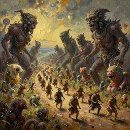 surreal landscape oil painting of a terrifying  bizarre parade deep perspective small biomorphic creatures in background large disturbing humanoids in the foreground perfect composition golden ratio epic scene unreal render hyperrealistic detail