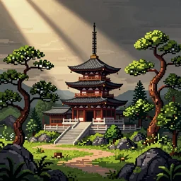 old japanese landscape with pagoda, curved trees and rocks, detailed, pixel art