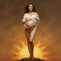 Motherly fertility, full body, warm lighting, textured skin, high cheekbones, woman with white clothes, standing on top of a illustrated Sun by Frank Frazetta, by Artgerm