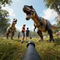 gopro photo first person perspective, dinosaurs attacking and chasing me, professional photography, high detail, cinematic lighting