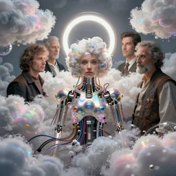 photographic portrait of a person made of fluffy iridescent clouds by anne geddes and robin eley and ross tran and jusepe de ribera and brom, cybernetic components!!, electrical wiring!, ring light highly detailed digital art masterpiece, pearlescent