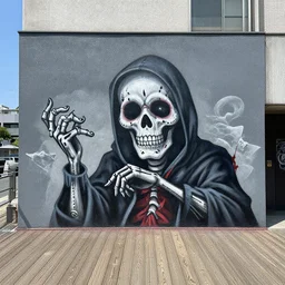 graffiti mural, manny calavera grim reaper, located on a boardwalk in tokyo japan, by banksy, a 1 one, shepard fairey