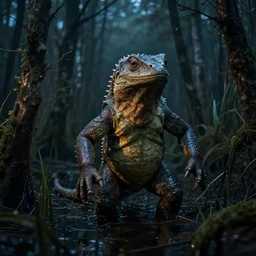 a portrait of a reptilian swamp monster in a wooded bog at night, cinematic, wildlife photography, 4 k, moody lighting, volumetric light