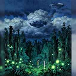 illustration of a spaceship over a rainy giant forest with luminescent flowers at night with cummulonimbus clouds by moebius, by makoto shinkai, by oliver vernon, by joseph moncada, by damon soule, by manabu ikeda, by kyle hotz, by dan mumford, by kilian eng, by nico delort