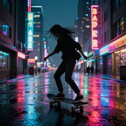 a silhouetted person with long, flowing hair rides a skateboard through an empty neon - lit brutalist city in the rain, colored gel lighting, reflective surfaces, midnight, portra, film grain, high contrast, hyperdetailed, chromatic aberration, reminiscent of blade runner, dynamic pose