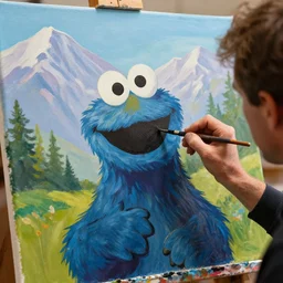 a closeup photorealistic photograph of bob ross working on a canvas painting cookie monster. film still. brightly lit scene. mountains and trees. this 4 k hd image is trending on artstation, featured on behance, well - rendered, extra crisp, features intricate detail, epic composition and the style of unreal engine.