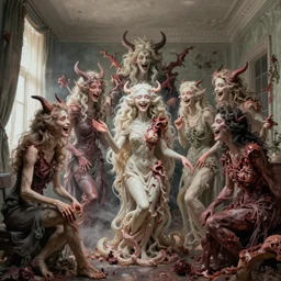 bright psychdelic realistic anorexic cult turning into gods and deamons and smiling franticly, old apartment, rotten flesh, diffuse lighting, fantasy, intricate, elegant, highly detailed, lifelike, photorealistic, digital painting, artstation, illustration, concept art, smooth, sharp focus, art by francis bacon and jenny saville