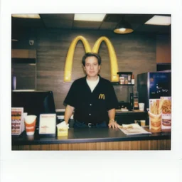 professor x working the front counter of mcdonald's ready to take your order, eighties polaroid, flash photography, photorealistic, kodachrome