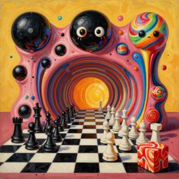 an extremely high quality hd surrealism warm painting of 4 d perspective neon complimentary - colors cartoon surrealism melting sculpture composition of zaha hadid biological anatomical blackballs candyshrine illusion by a much more skilled version of kandinskypicasso and salvia dali the fourth, salvador dali's much much much much more talented painter cousin, 8 k, ultra realistic, chess, tunnels, licorice allsort cubes, candy