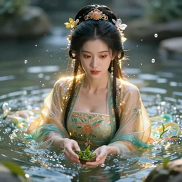 a beautiful female human god of tea character, character is in all its glory, character is centered on the image, character is drowning in the water, rim lights, highly detailed professional photo, dynamic lights, particles and crystals are flying, very deep depth of field, trending on artstation, illustration, hyper realistic, vray caustics, super detailed, colorful accents, cinematic shot