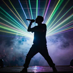 man holding a microphone and rapping, epic pose, silhouetted, distinct figure, psychedelic hip-hop, laser light show, fog, beams of light