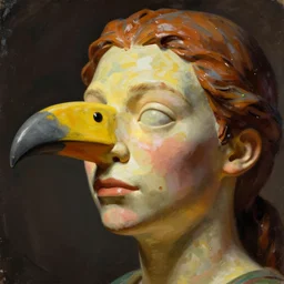romantic by frederic remington, by tracey emin the simpsons. a beautiful sculpture of a human face with a bird's beak protruding from the forehead.