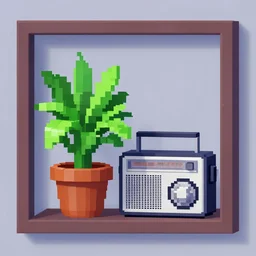 a digital painting of a potted plant and a radio, framed in with voxels, a low poly render by edward okun, polycount, computer art, vaporwave, # screenshotsaturday, voxel art