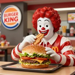 god eating a big mac at burger king in front of Ronald McDonald