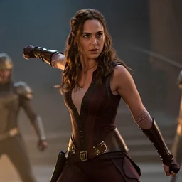 film still of gal gadot in the hunger games, action shot, cinematic, volumetric lighting, color graded