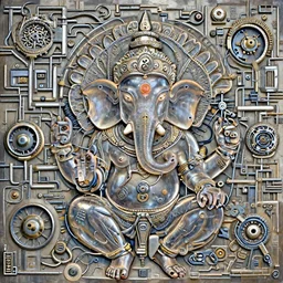 epic Khajuraho, Ganesha, Shiva, translucent, SSS, transparent, xray, vaporwave, flat shaped chrome relief, fossil, mechanic bionic fungus flower cyberpunk cats skeleton mechabot, maze, wires, chrome tubes, joints, buttons, gears, dissection relief, by Lorenzo Ghiberti, by Goga Tandashvili, artstation, cgsociety, at Khajuraho, by jonathan ivy, by artgerm, by david lachapelle