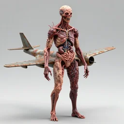 technobiological military aircraft consisting of tumors, veins, meat, kidneys, entrails, guts, skin. biopunk, bodyhorror, high detail, photorealism, full length view, very rust, concept art, octane render, cgsociety by hermann nitsch
