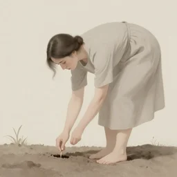 farmer woman bending down in dress planting a seed in the ground, limited neutral palette, by petros afshar, anton fadeev, dean ellis, beautiful graphic full body portrait, propaganda poster art 1 9 7 0 s illustrated advertising art, painterly character design
