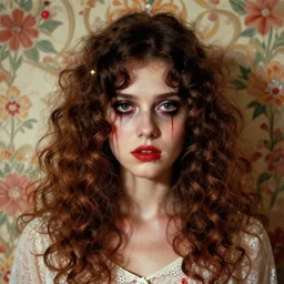 a beautiful but sinister girl in layers of fear, with haunted eyes and curly hair, 1 9 7 0 s, seventies, floral wallpaper, delicate embellishments, a little blood, crimson, painterly, offset printing technique, by nikolay makovsky