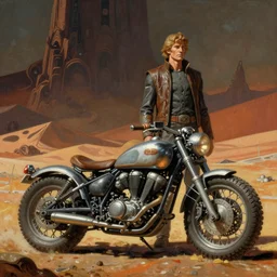 moebius and ralph mcquarrie style retro classic ancient motorbike motorcycle futuristic sci - fi painting, star wars dune, the incal