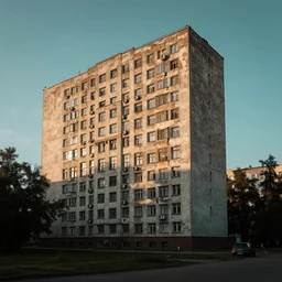 old soviet plattenbau building landscape photo cinematic light by istvan sandorfi