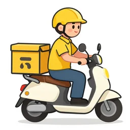 delivery driver on moped delivering packages, bright color, bubbly, artistic rendering, cartoon, no blur, white background