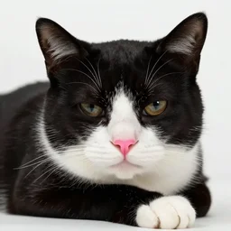 Oreo cat, pink nose, missing one eye, relaxed. photography, high saturation, medium shot