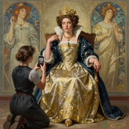 condescension of a proud queen to a servant kneeling before her, yellow eyes, sitting in a chair while posing for a photo, highly detailed, digital painting, artstation, concept art, smooth, sharp focus, illustration, art by artgerm and alphonse mucha, high definition digital art, in the style of ilya kuvshinov and Ross tran