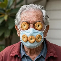 an elderly man wearing a mask made from cookies, bold natural colors, national geographic photography, masterpiece, 8 k, raw, unedited, symmetrical balance